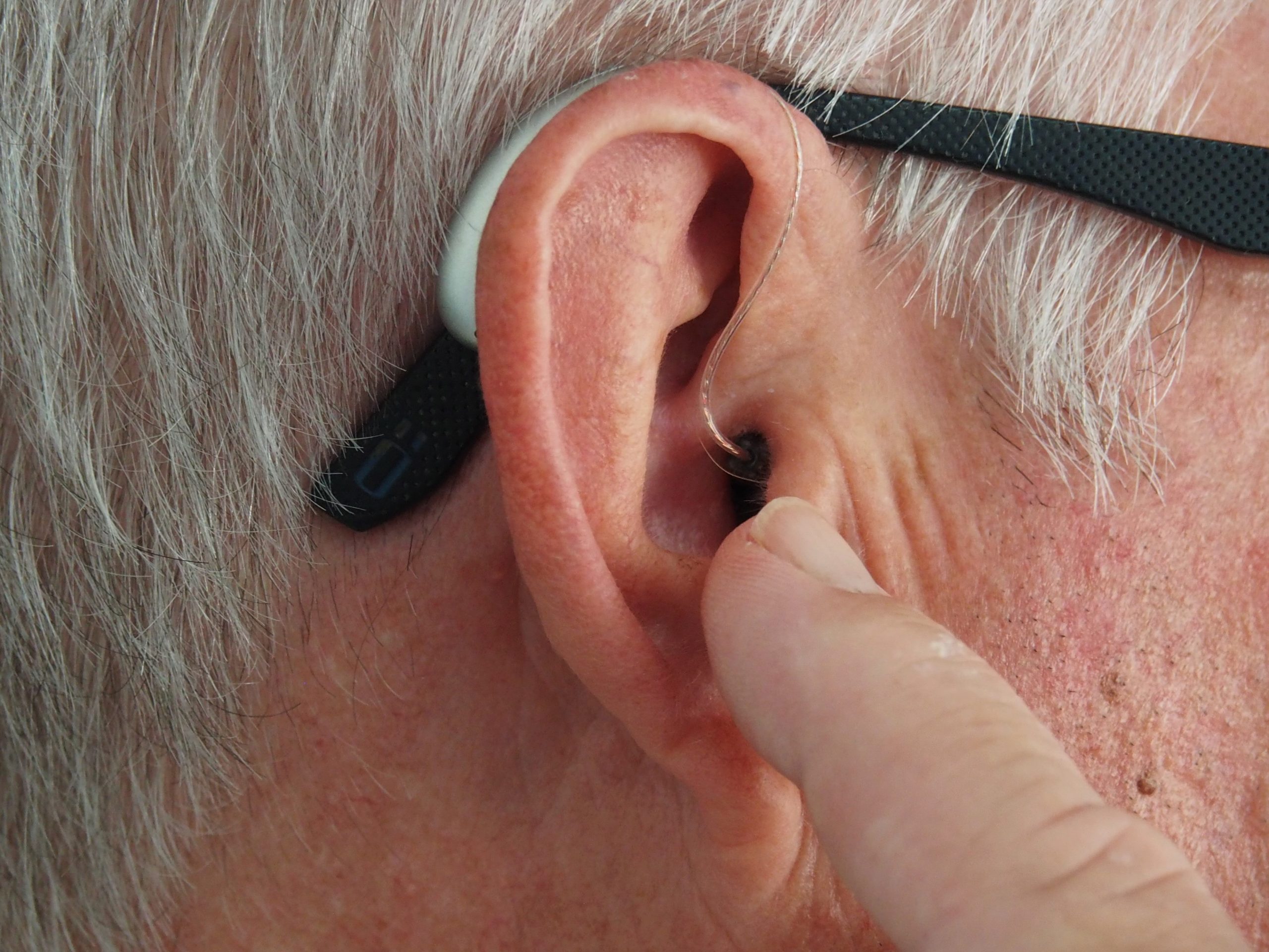 A closeup portrait of showing an old man's ear hair